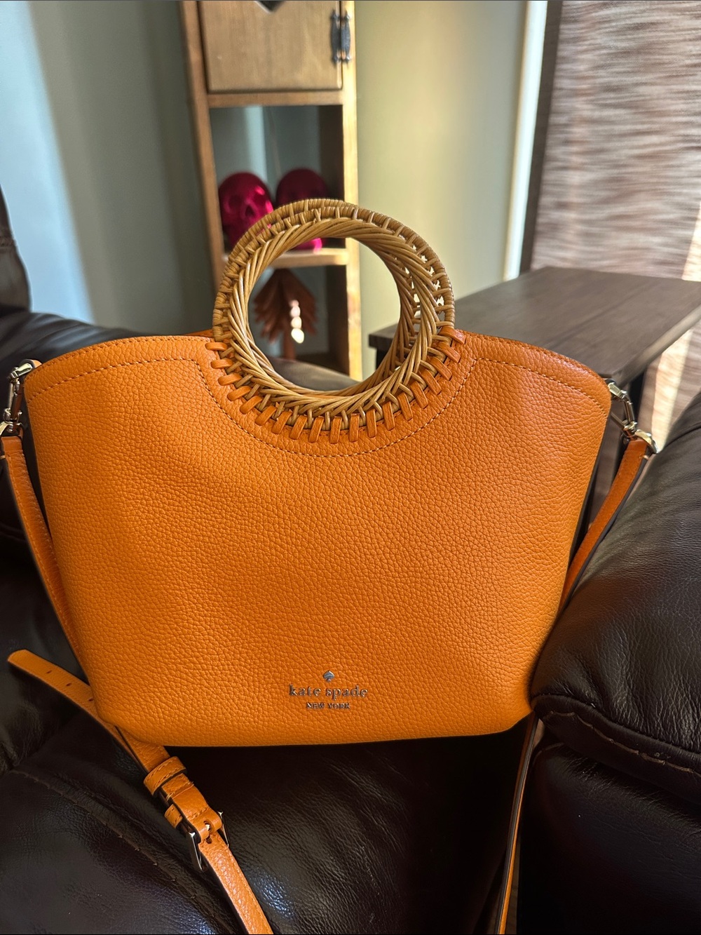 kate spade Orange Pebbled Leather Shoulder Bag with Woven Round Handles